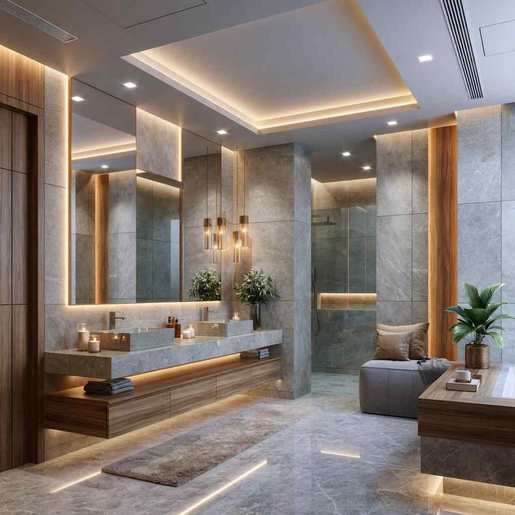 Modern bathroom false ceiling with cove lighting design