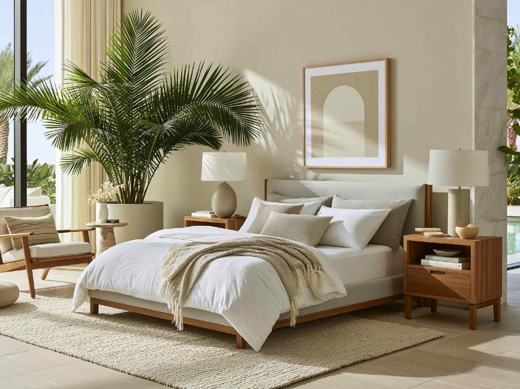 Beige and white modern bedroom bedding