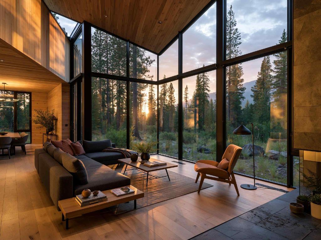  Modern cabin interior design with forest view