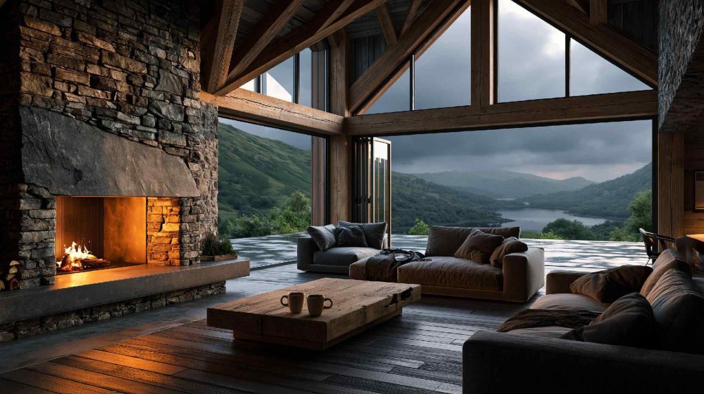 Modern cabin interior design with timber beams