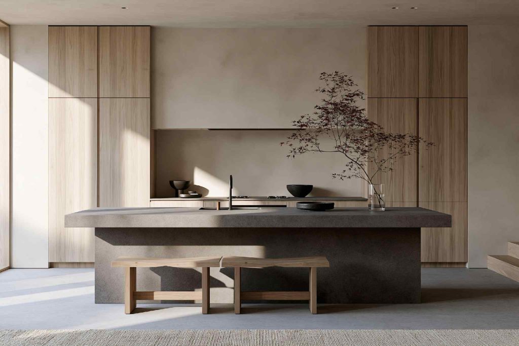 Modern Japandi kitchen with concrete island