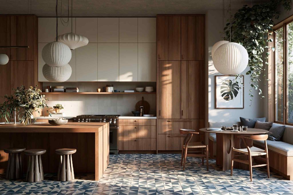 Modern kitchen with tall wood pantry cabinet