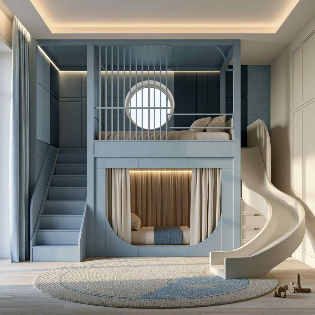 Modern loft bed design with slide and window