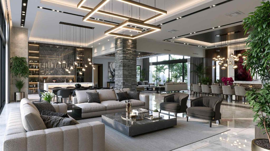 Modern POP design drawing room with LED chandelier