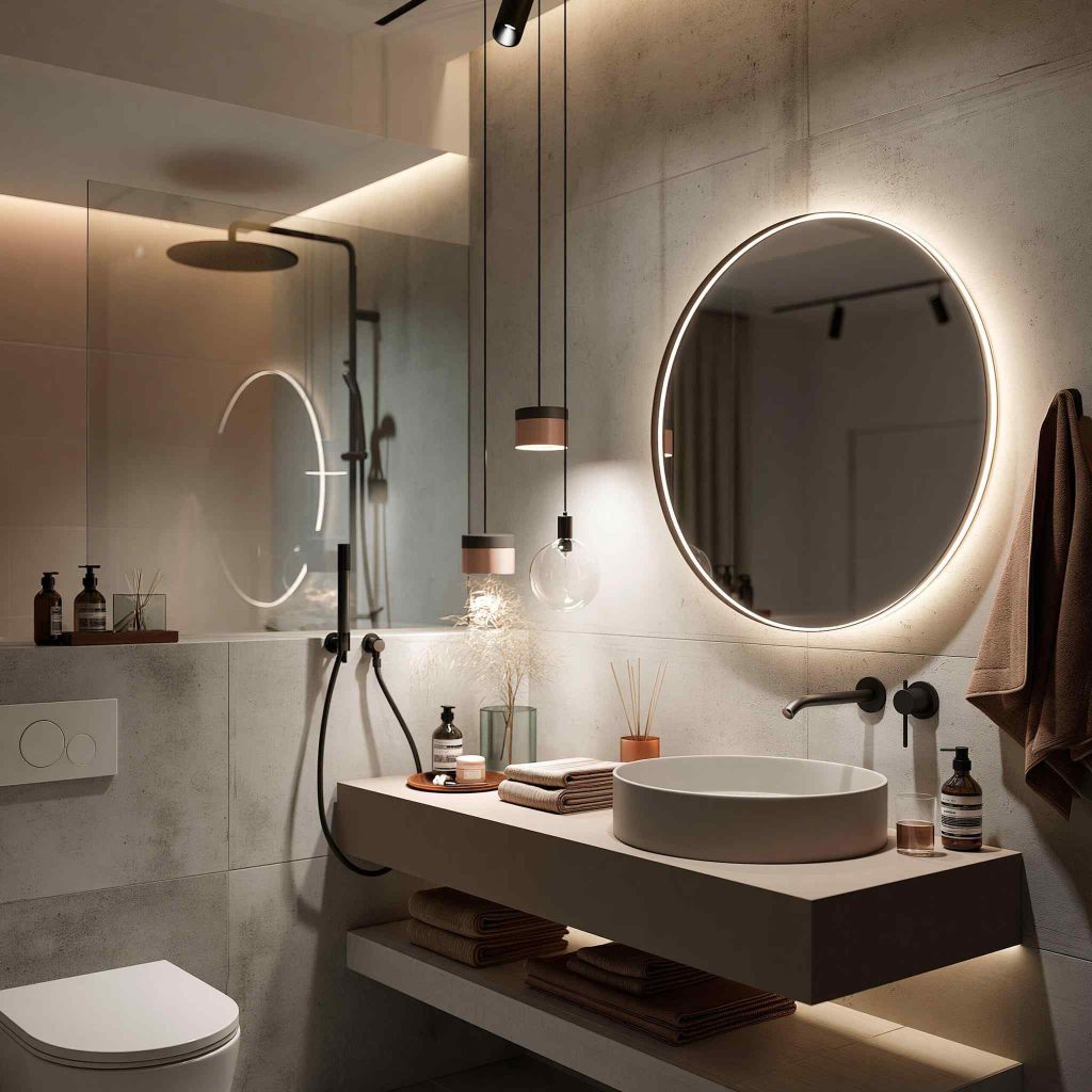 Modern powder room decor backlit round mirror