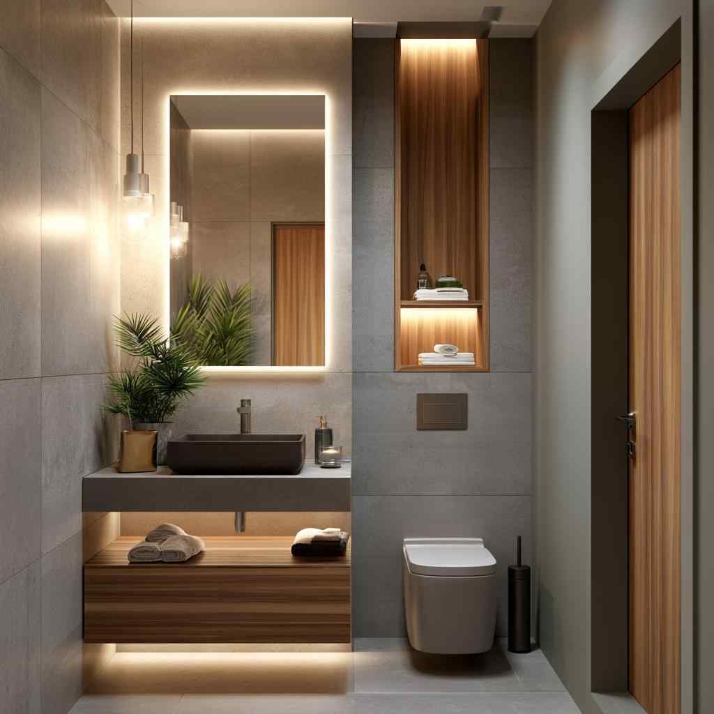Modern powder room decor wood panel mirror