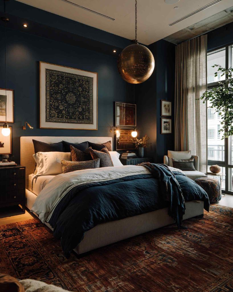 Moody dark bedroom with navy walls
