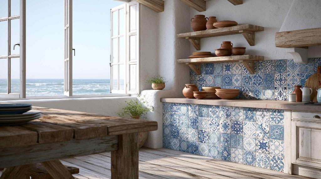 Blue Moroccan pattern kitchen dado tiles
