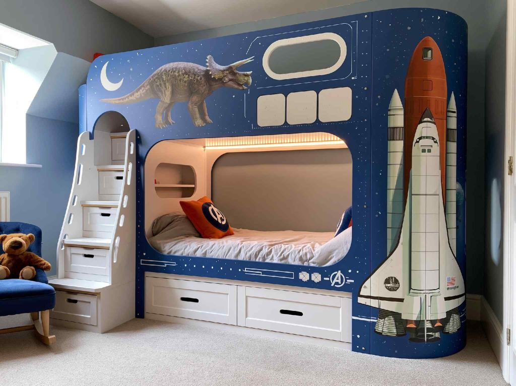 Kids loft bed design with space theme storage