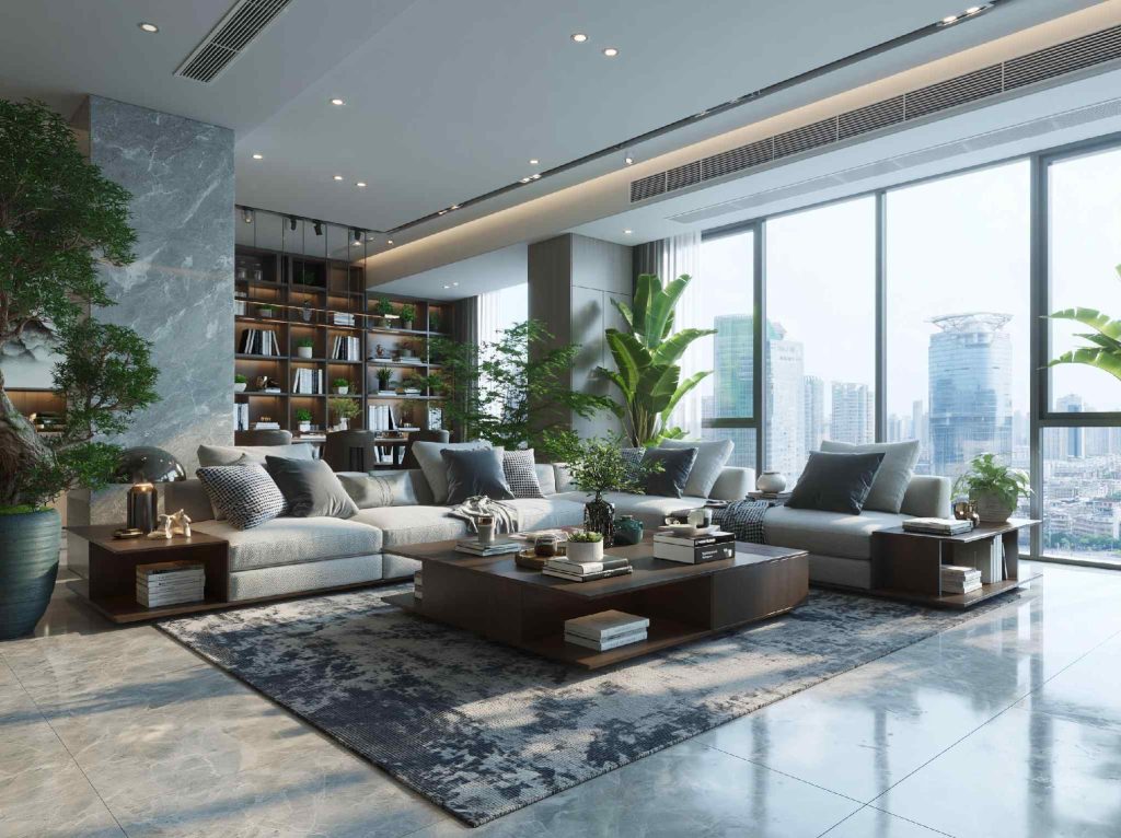 Layered POP ceiling drawing room with city view