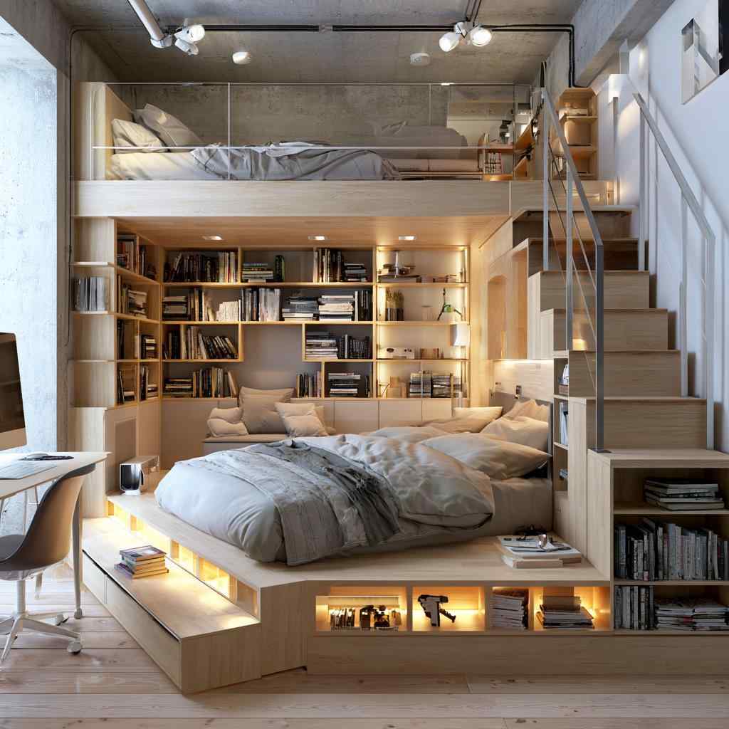  Loft bed design small room bookshelf nook