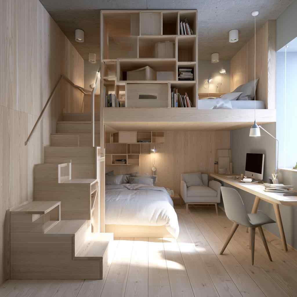  Loft bed design small room study shelving