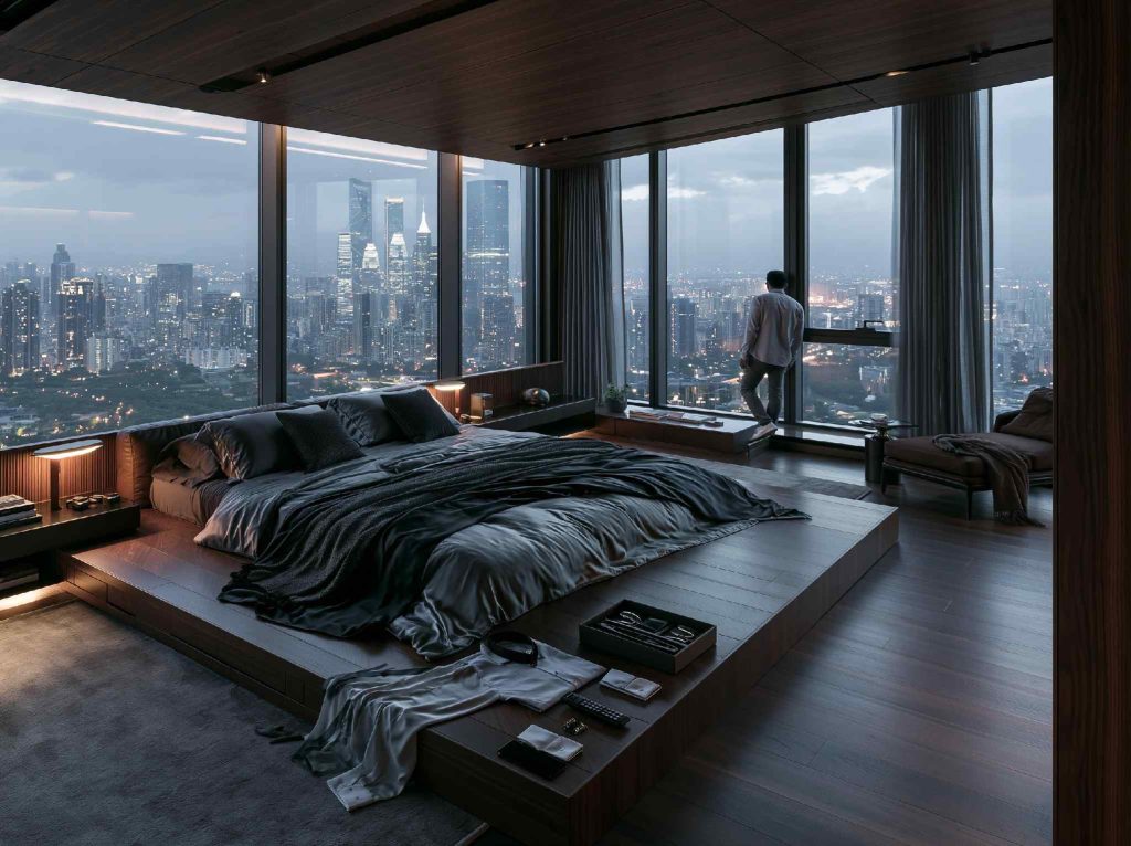  Luxury floating pallet bed with city view