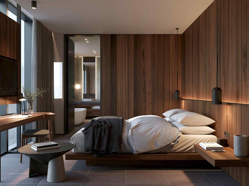  Luxury floating pallet bed with wood paneling