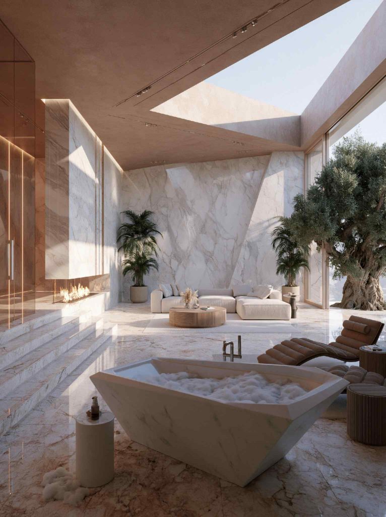 Luxury outdoor bathroom retreat marble courtyard fireplace