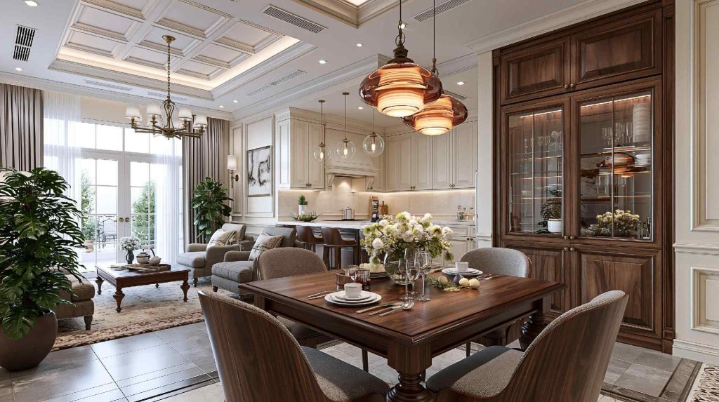 Luxury coffered POP ceiling drawing room chandeliers