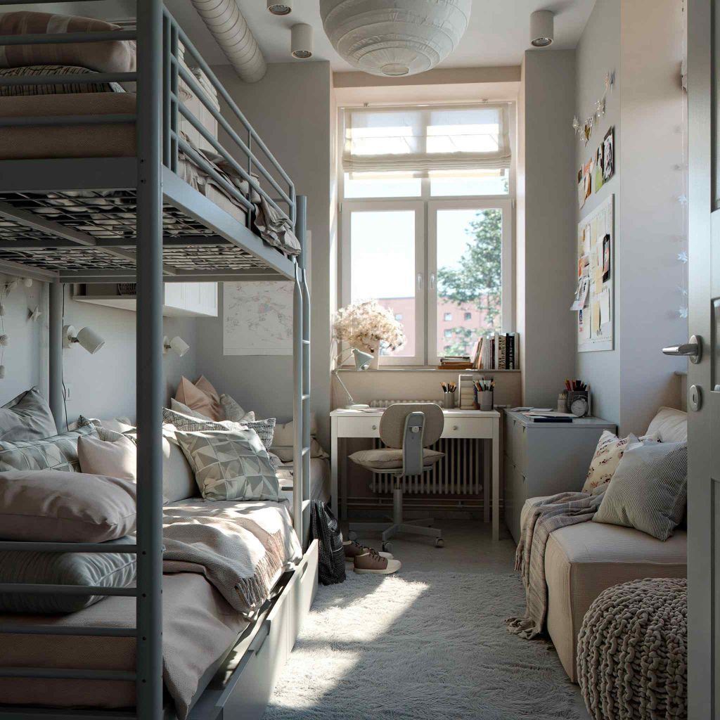 Metal loft bed design in small bedroom