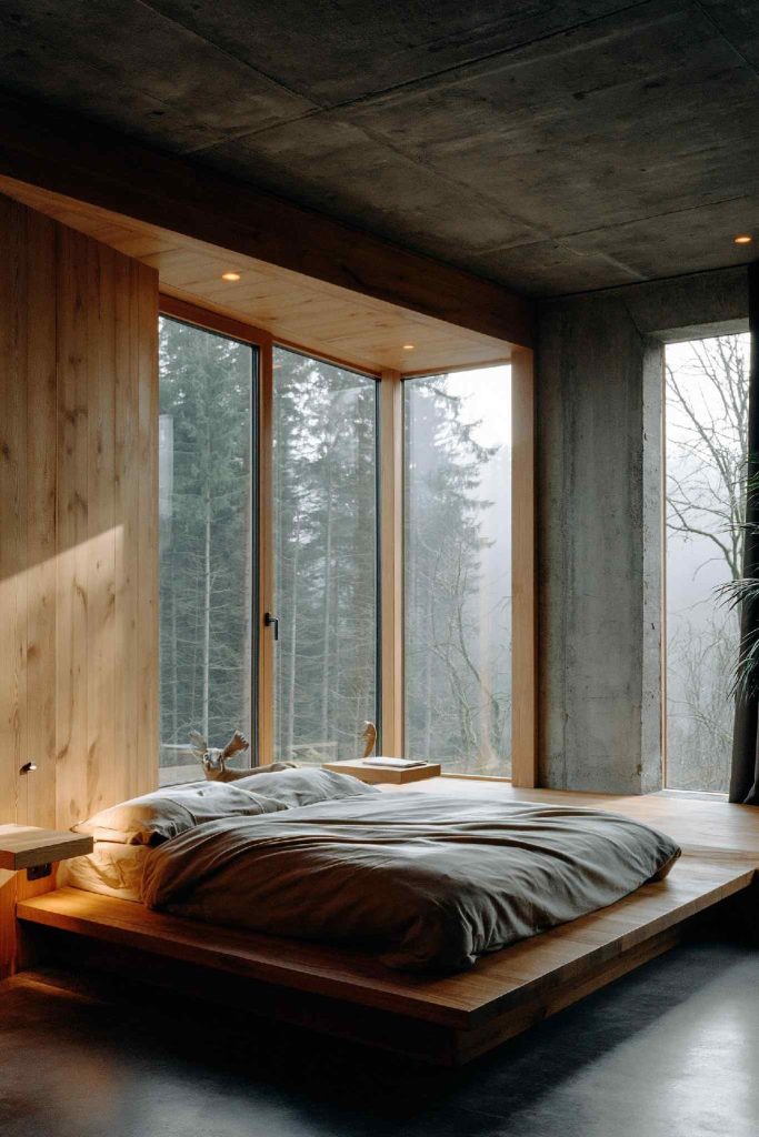 Minimalist floating pallet bed with forest view