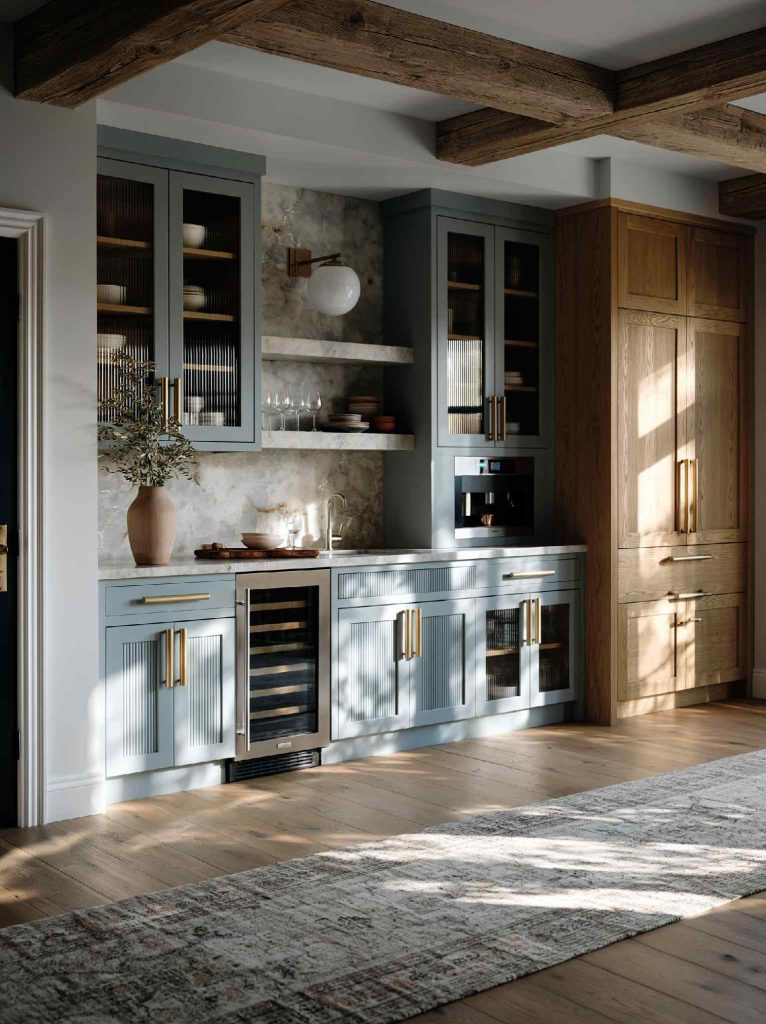 Fluted glass pantry doors on blue cabinets