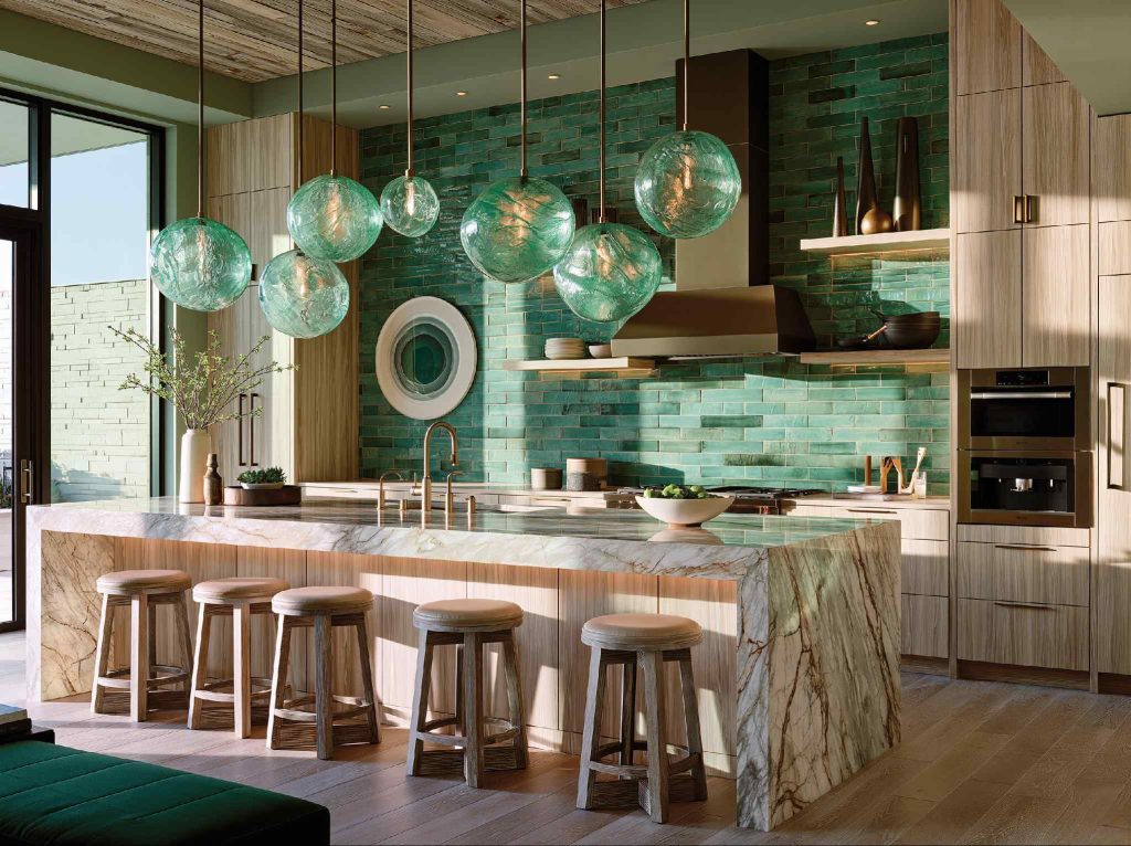 Green textured tiles on kitchen dado wall