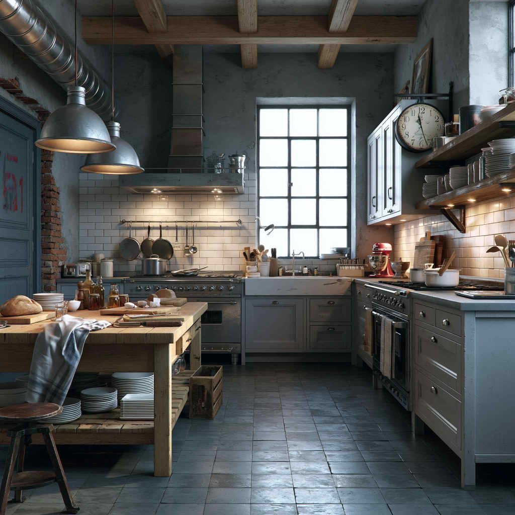 Industrial vintage kitchen with exposed brick wall