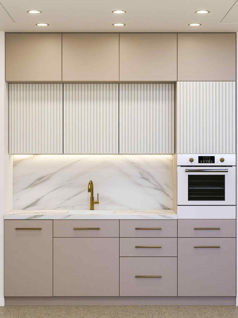 Japandi kitchen cabinets fluted beige brass fittings