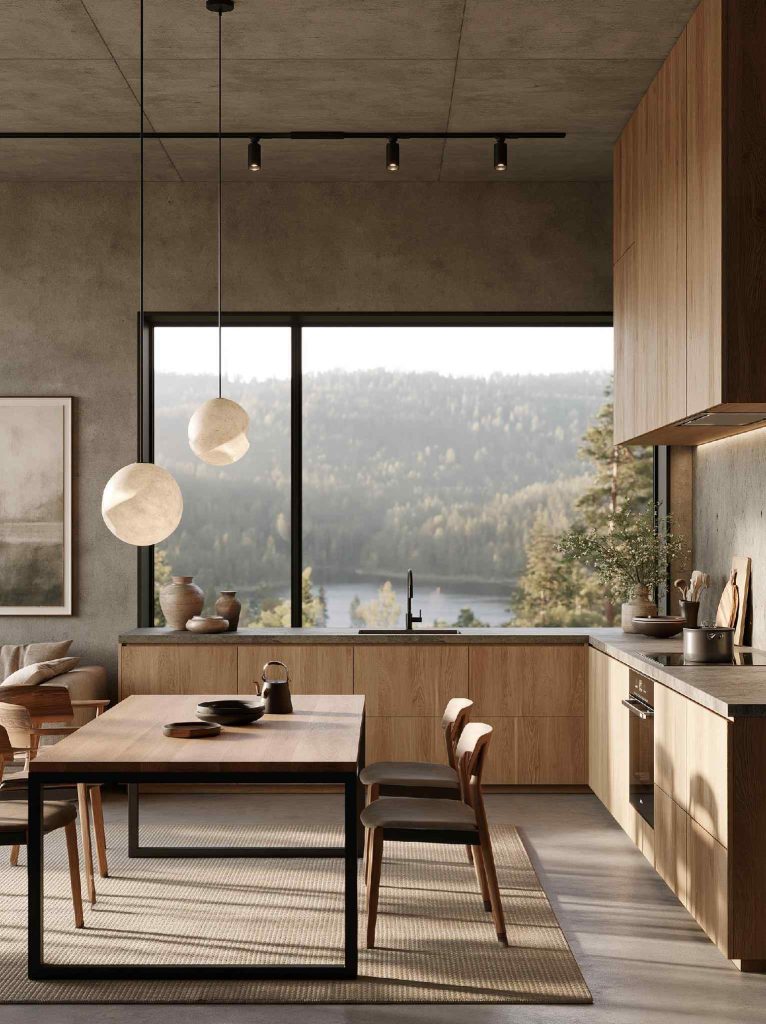 Japandi kitchen design concrete wood pendant lights