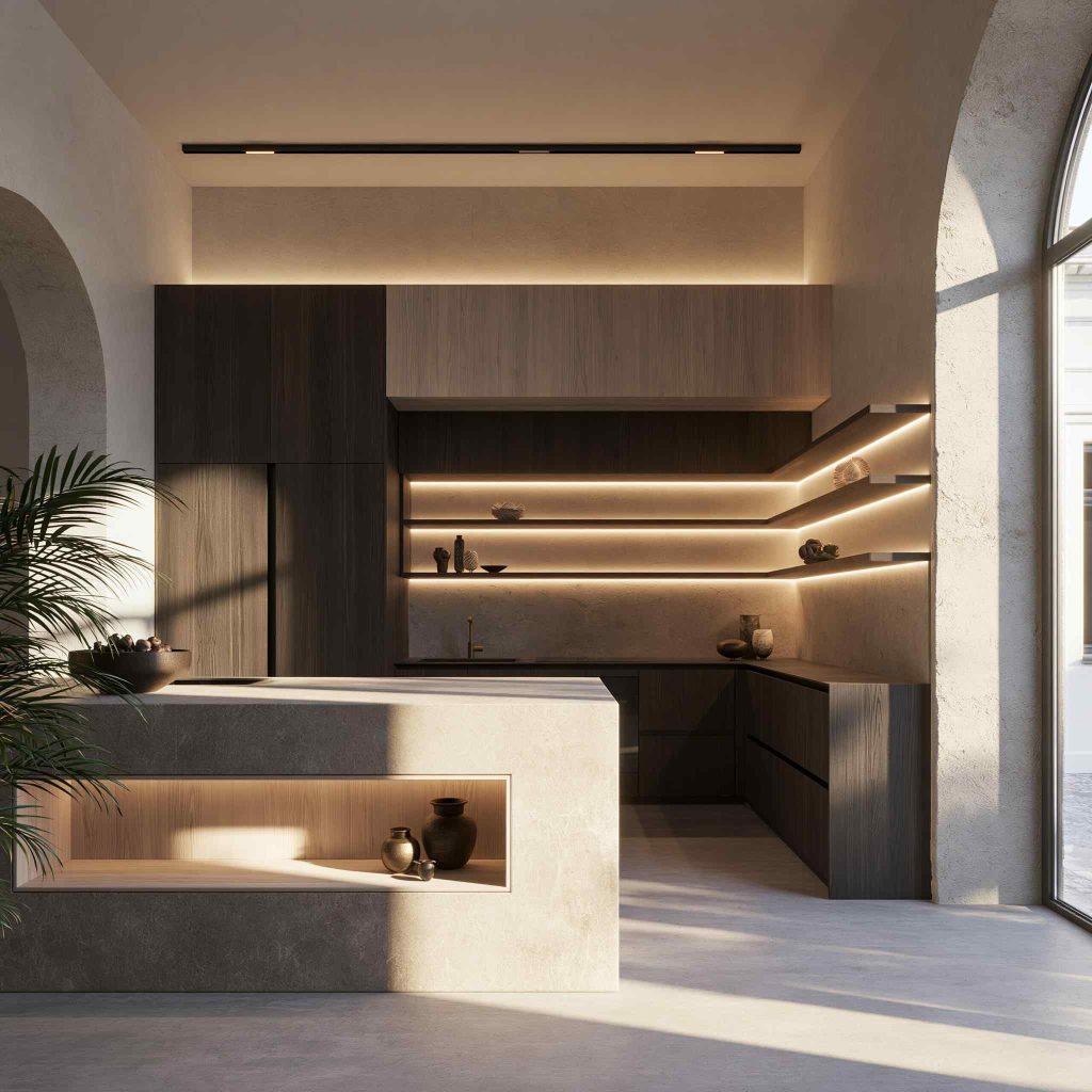 Japandi kitchen design with dark wood shelving