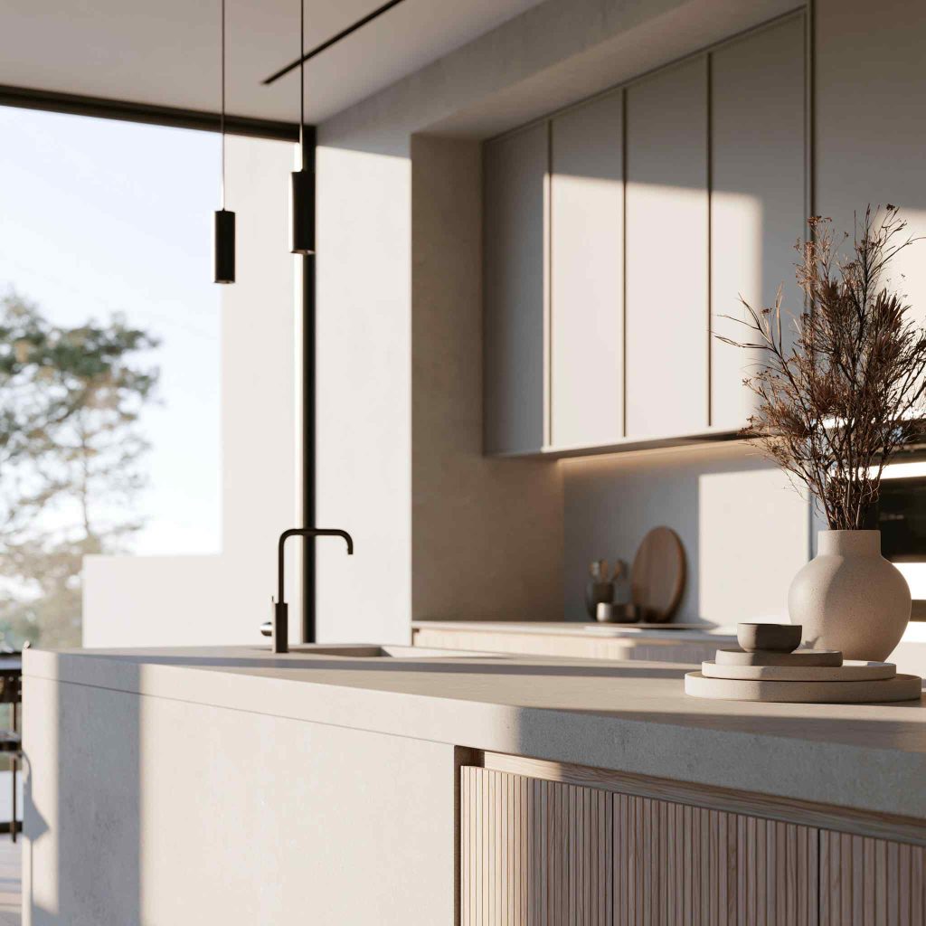 Japandi kitchen design minimalist white cabinetry