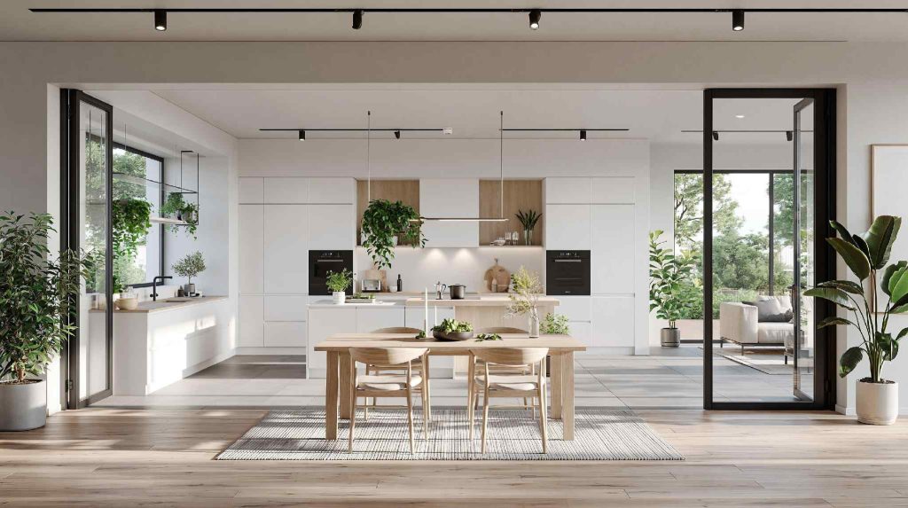Japandi kitchen design open plan dining area
