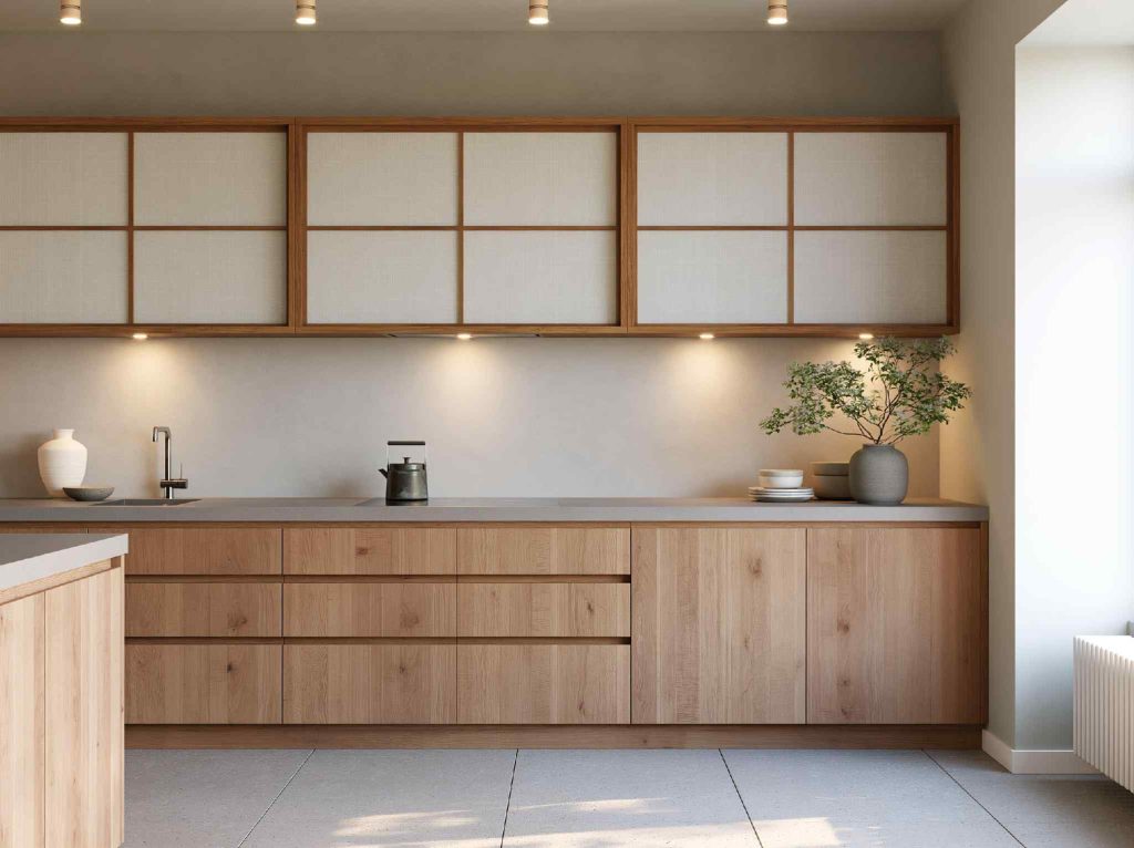 Japandi kitchen design with wood shoji panels