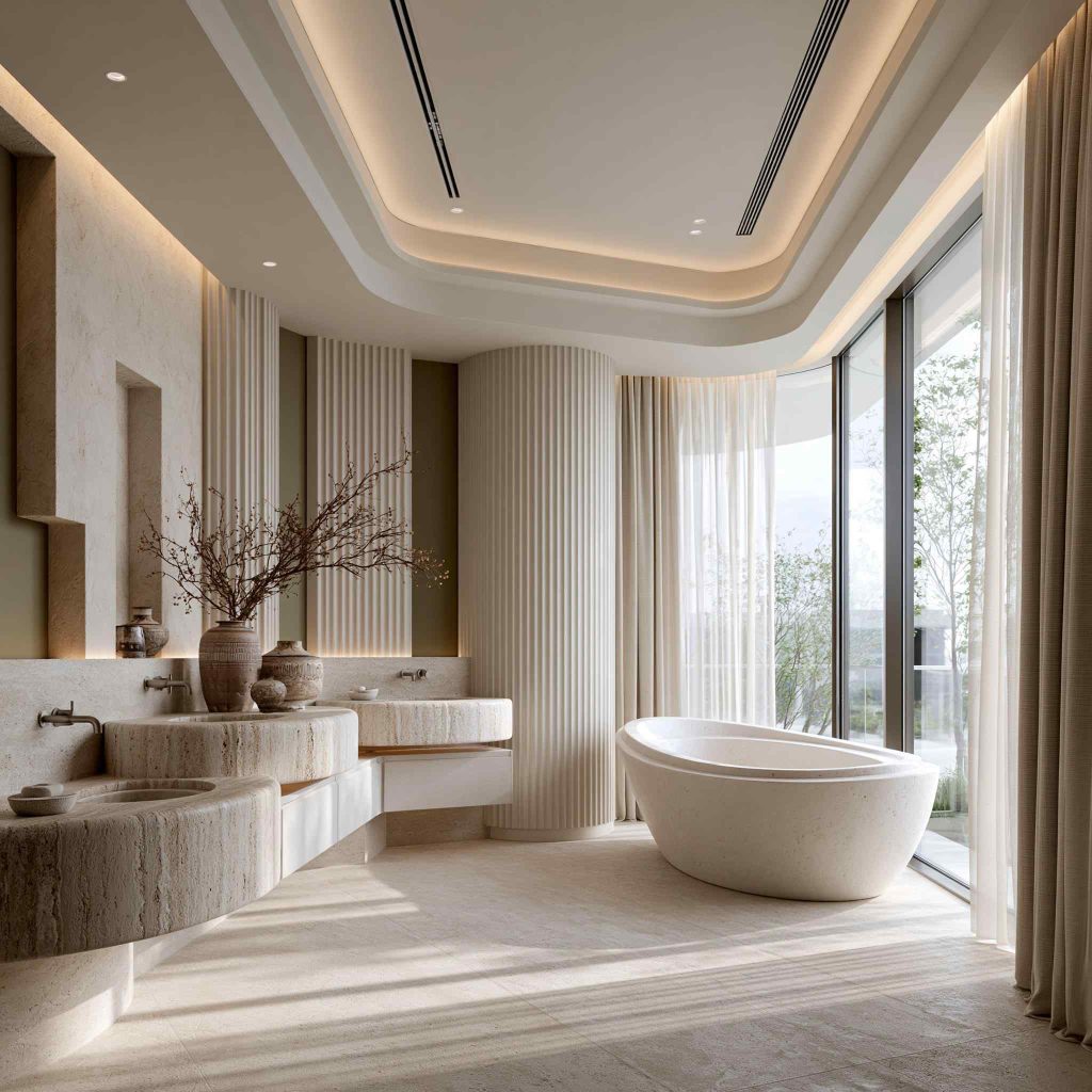 European bathroom design with floating stone double vanity