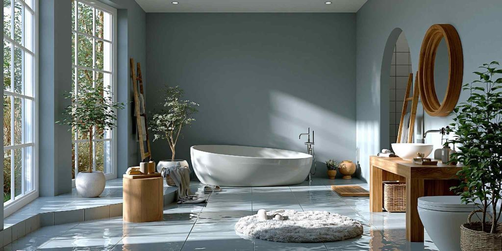 Freestanding tub in sage green European bathroom