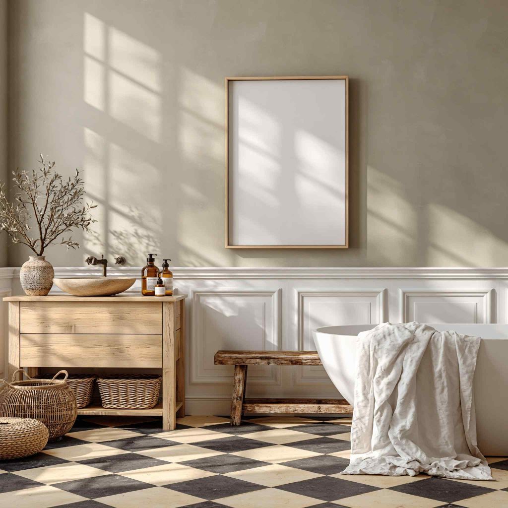 Neutral European bathroom with wood vanity
