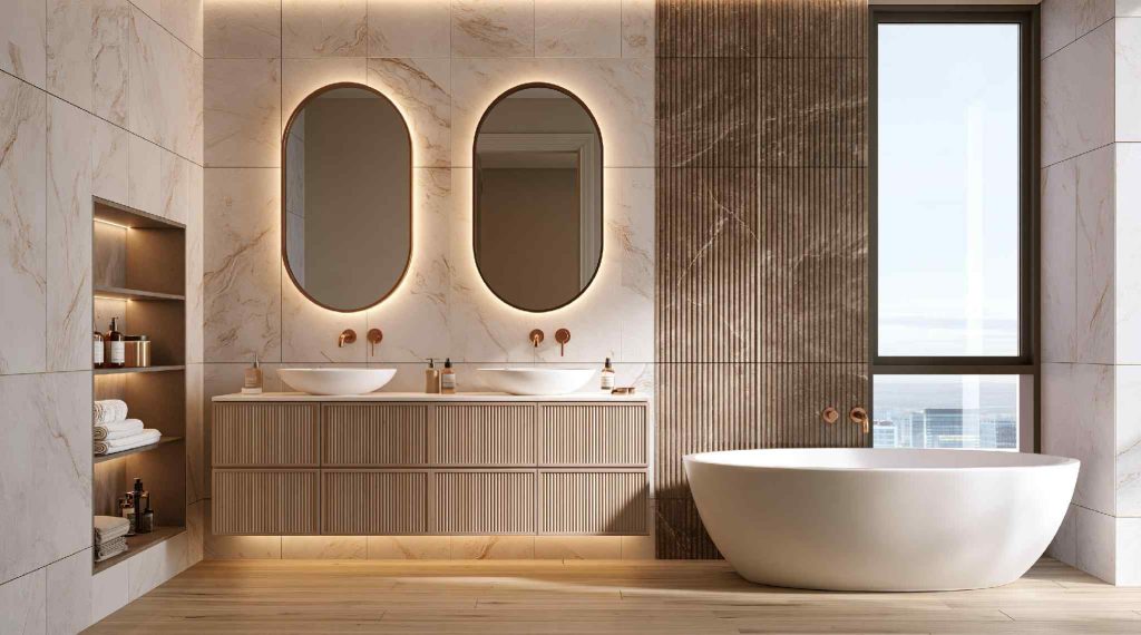  Wood panel double vanity in European bathroom