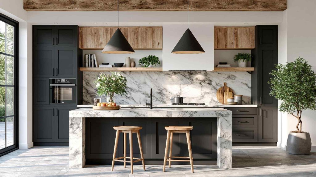 European kitchen cabinets with charcoal marble island