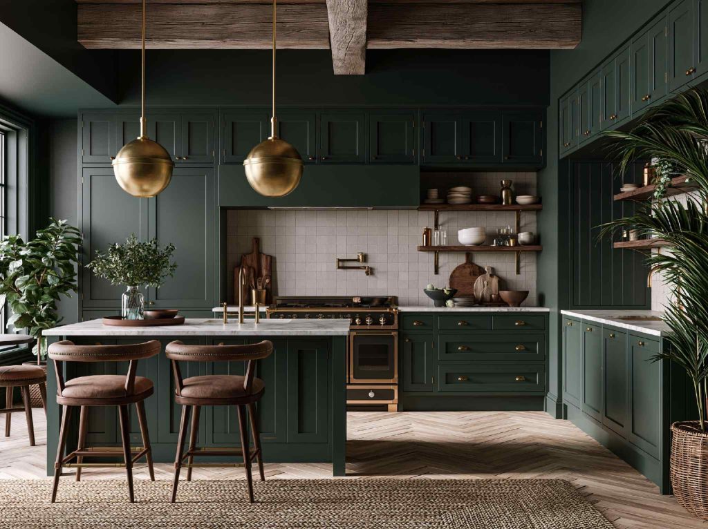  European kitchen design dark green cabinets brass pendants