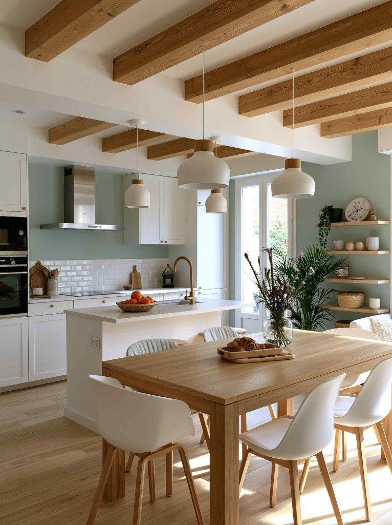 European kitchen design sage green cabinets wood beams