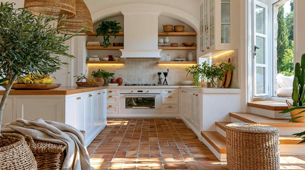 European kitchen design with white cabinets terracotta floor