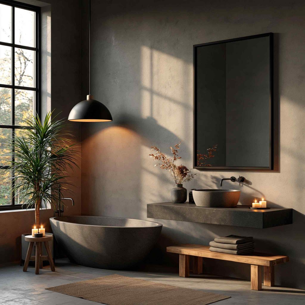 Concrete European bathroom with matte black fixtures