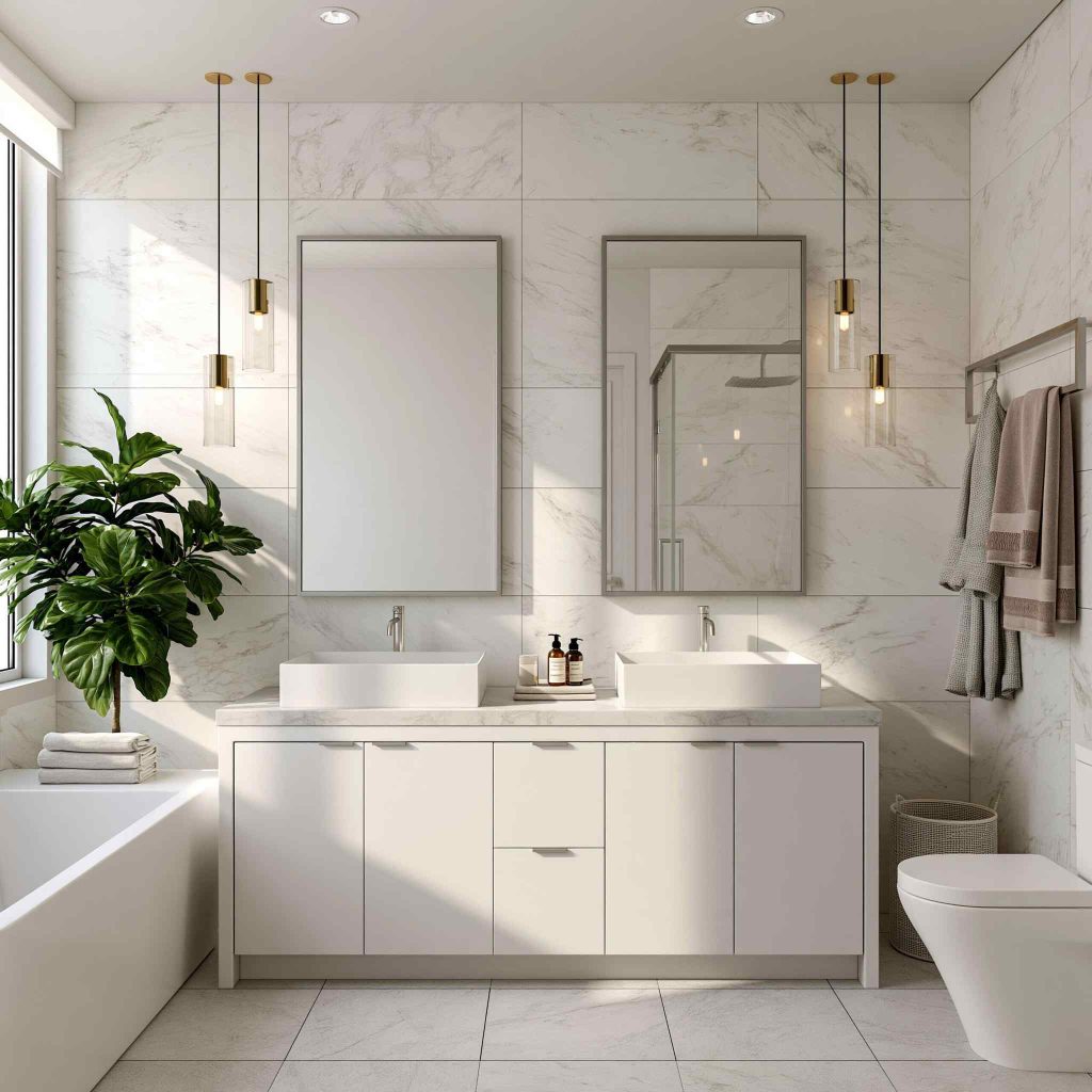 Marble double vanity with pendant lights bathroom