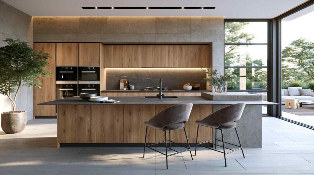  Sleek wood cabinetry and integrated appliances define this European modular kitchen.