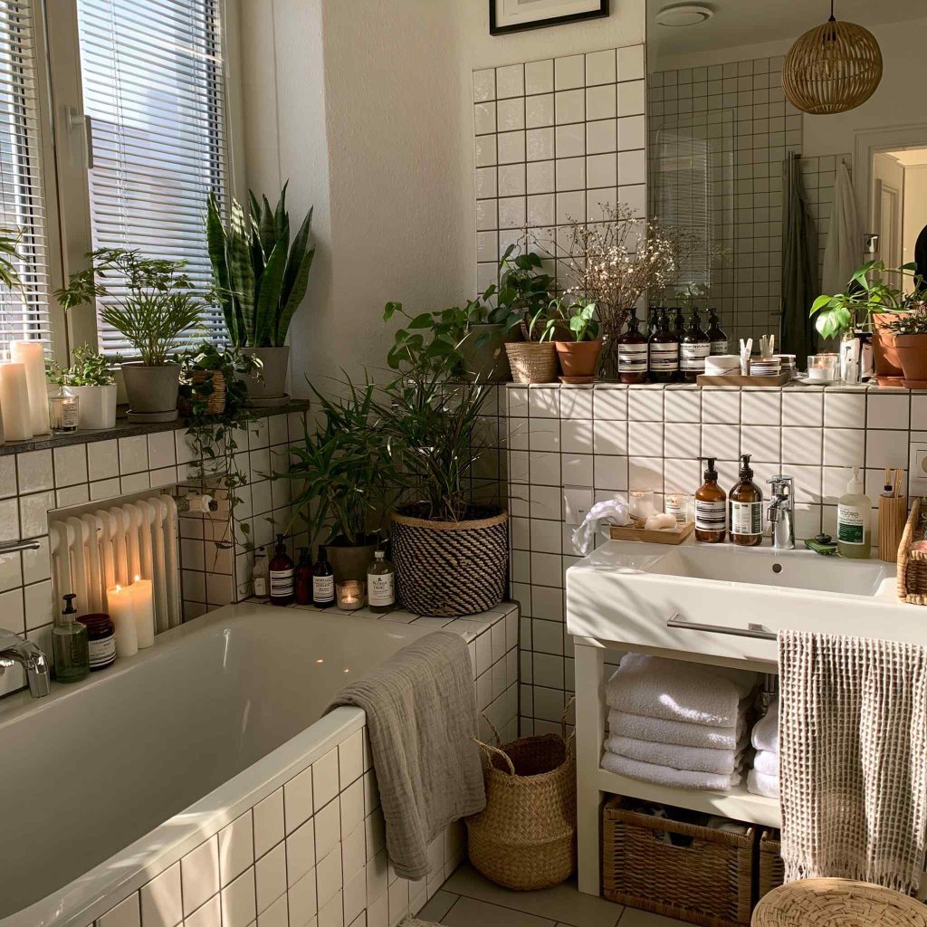 Small tiled bathroom styled with plants