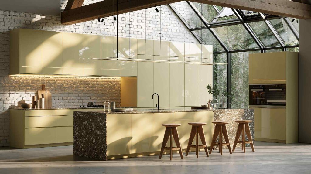 European style kitchen design handleless sage cabinets