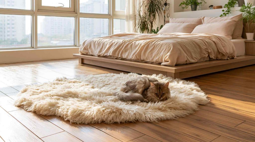 Floating pallet bed in bright modern bedroom
