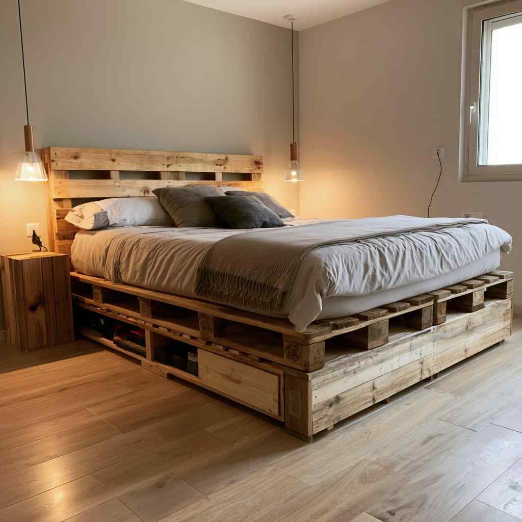 Floating pallet bed with storage drawers