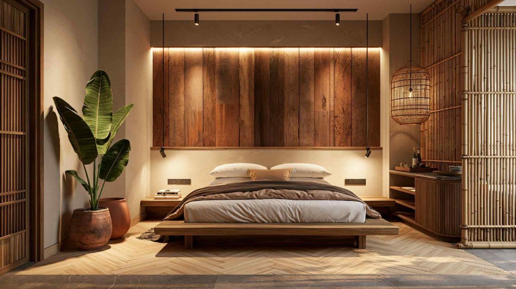 Floating pallet bed with wood slat headboard