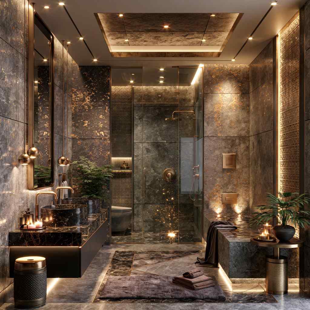 Dark luxury bathroom ceiling design with cove lighting