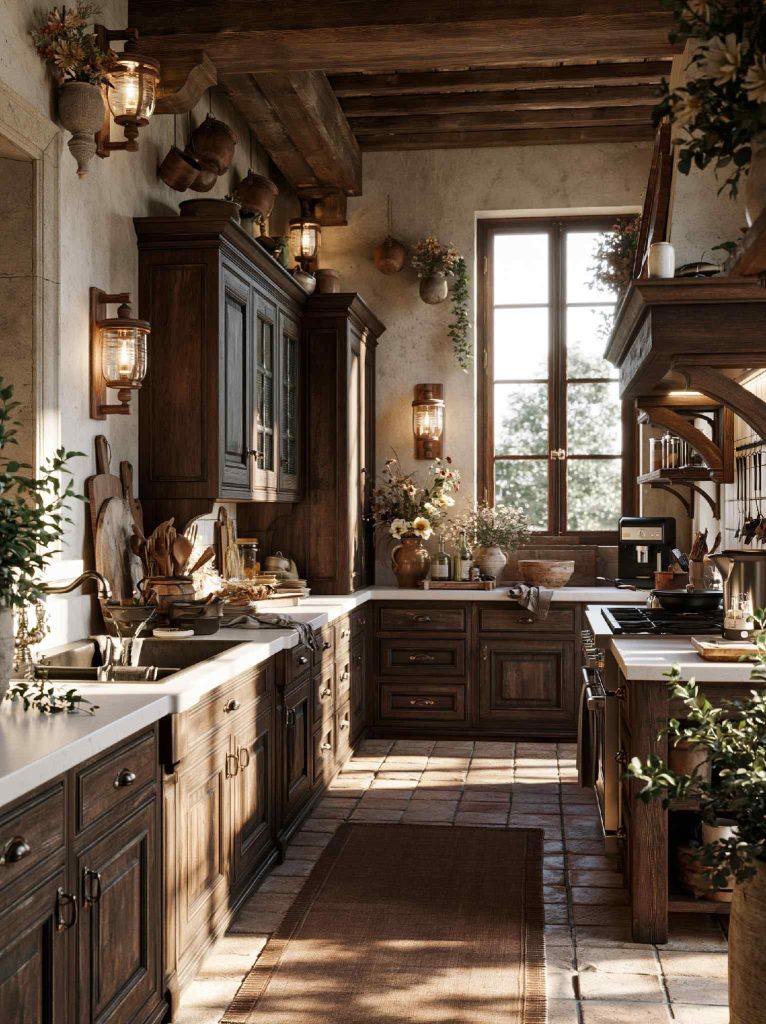 Dark wood vintage kitchen with hanging lanterns