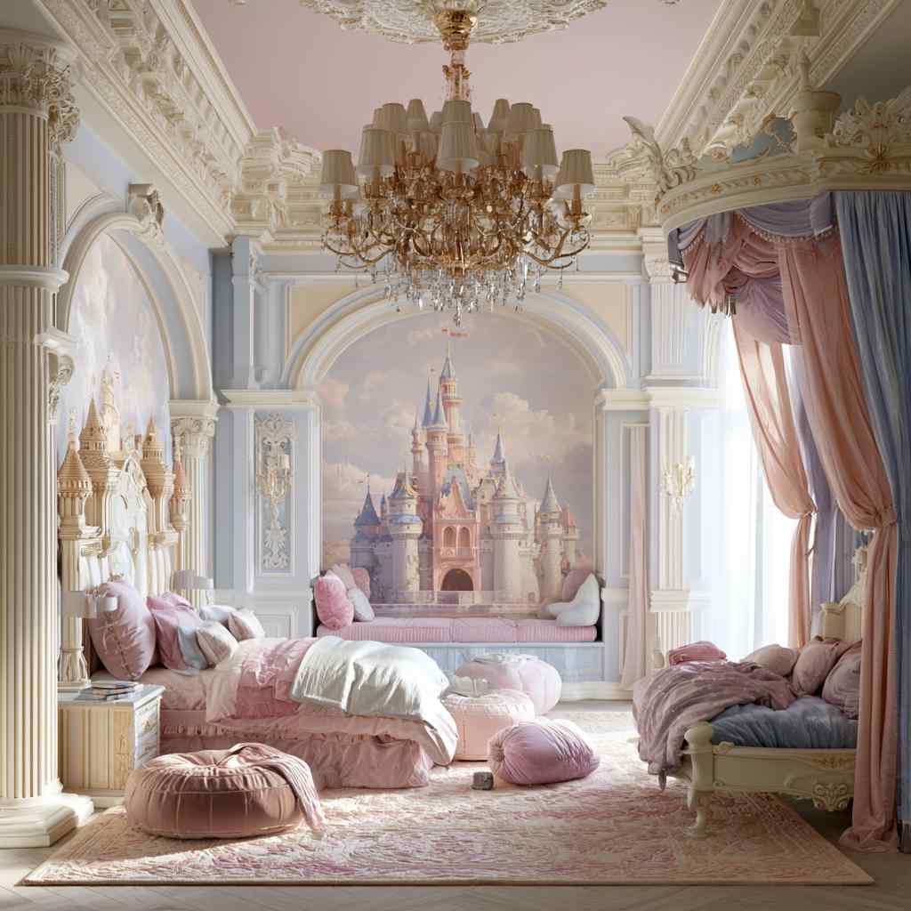 Disney princess bedroom with castle wall mural